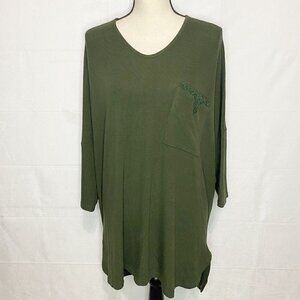 SUZANNE BETRO Olive Green Lace Pocket Women's Knit Top Shirt Sz 3X